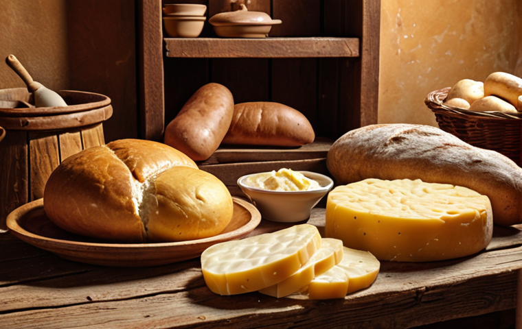 The Rich History and Regional Diversity of Pogácsa**
    A rustic, warm-toned image featuring a wooden table laden with an assortment of Pogácsa. Show various types, from a golden-brown cheese Pogácsa to a denser potato version and a simpler, rustic lard-based one, each suggesting its regional origin. In the background, subtle hints of traditional Hungarian elements or landscapes to evoke history and diverse environments. Emphasize textures and the inviting warmth of freshly baked bread.

2.  **